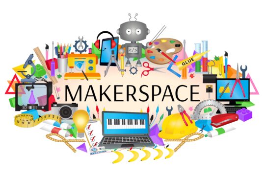 A graphic of a variety of hands-on learning activities surround the word “makerspace.”