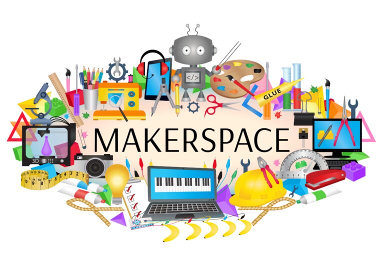 A graphic of a variety of hands-on learning activities surround the word “makerspace.”